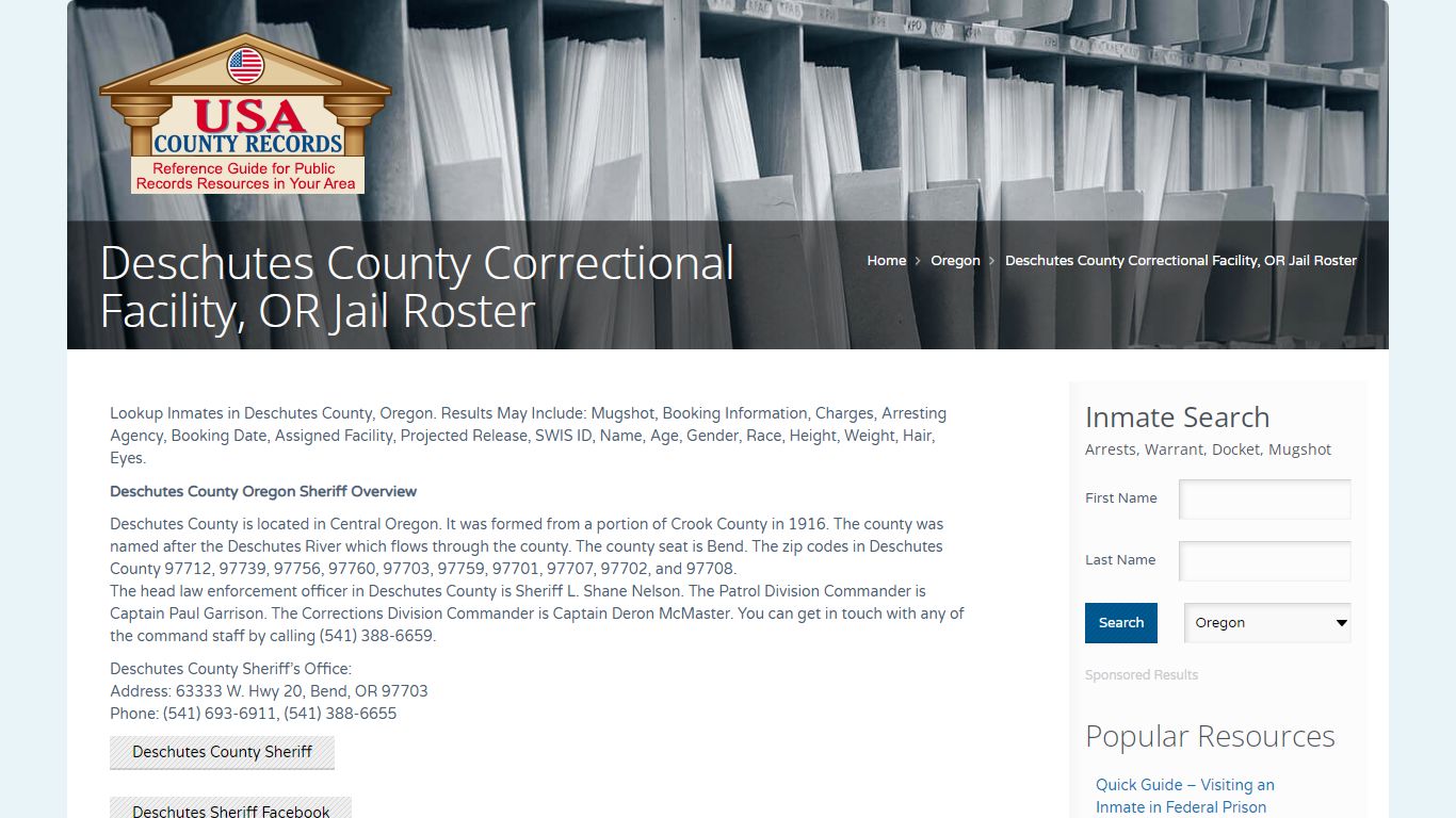 Deschutes County Correctional Facility, OR Jail Roster ...